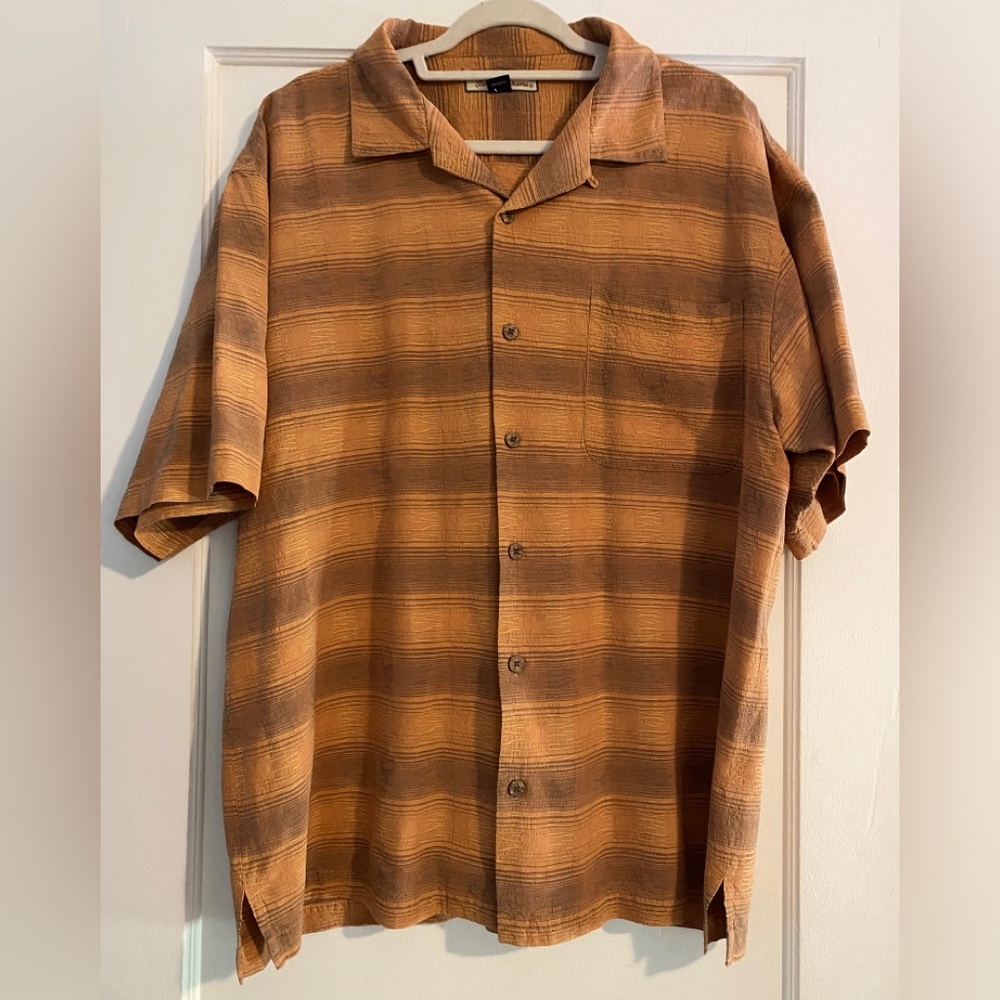 Vintage Tommy Bahama Orange Silk Beach Vacation Tiger Striped Shirt Size Large